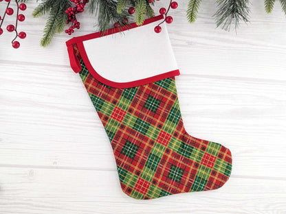 Blank Red and Green Plaid Christmas Stocking with Cross Stitchable Cuff - Curved Style