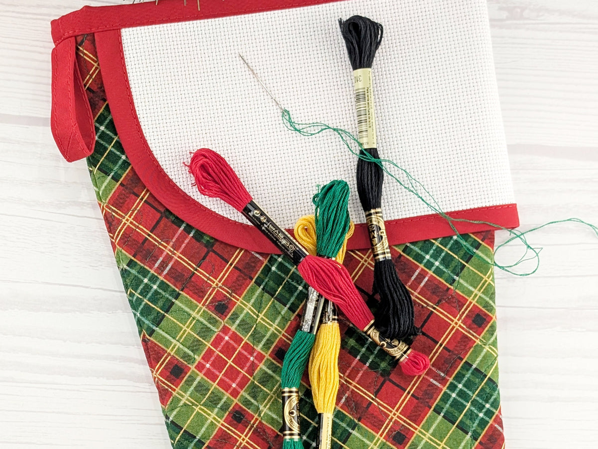 Blank Red and Green Plaid Christmas Stocking with Cross Stitchable Cuff - Curved Style