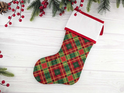 Blank Red and Green Plaid Christmas Stocking with Cross Stitchable Cuff - Straight Style