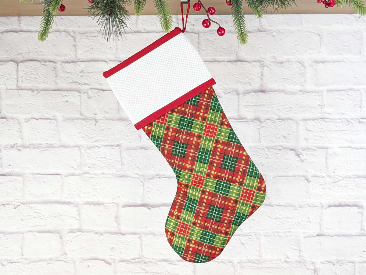 Blank Red and Green Plaid Christmas Stocking with Cross Stitchable Cuff - Straight Style