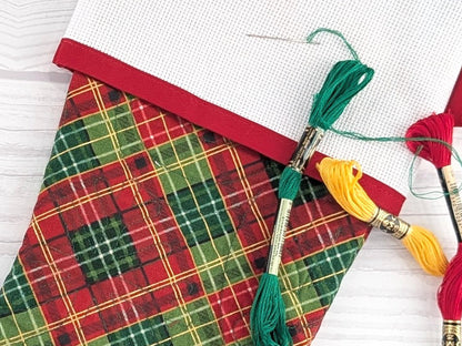 Blank Red and Green Plaid Christmas Stocking with Cross Stitchable Cuff - Straight Style