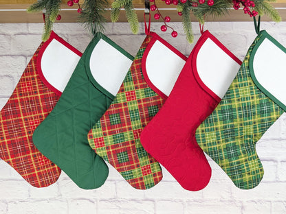 Blank Red and Green Plaid Christmas Stocking with Cross Stitchable Cuff - Curved Style