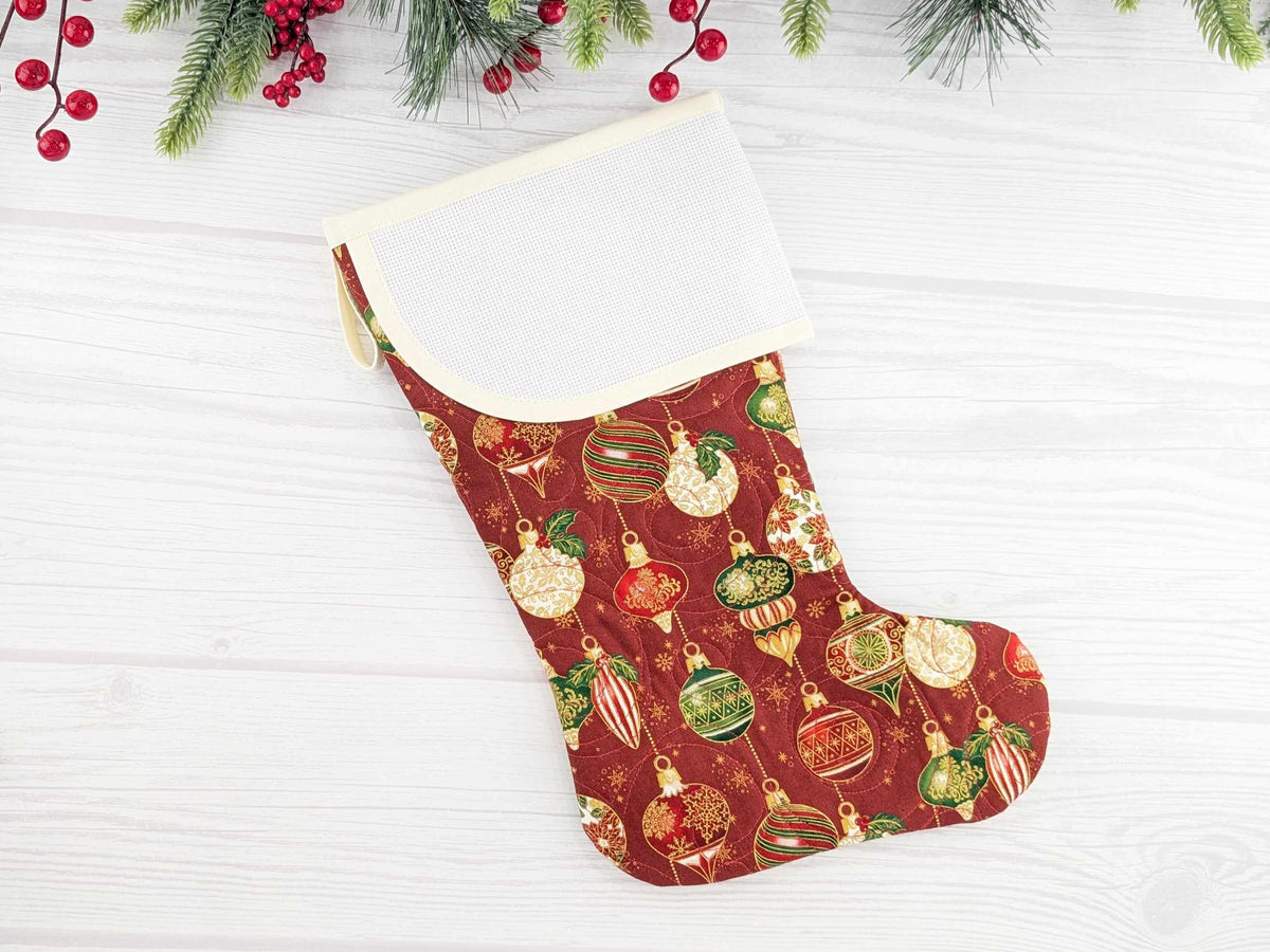 Blank Red Ornaments Christmas Stocking with Cross Stitchable Cuff - Curved Style