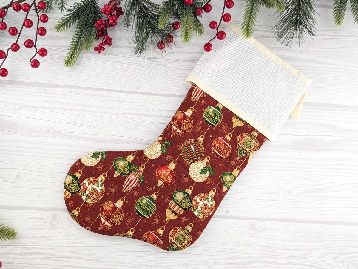 Blank Red Ornaments Christmas Stocking with Cross Stitchable Cuff - Straight Style