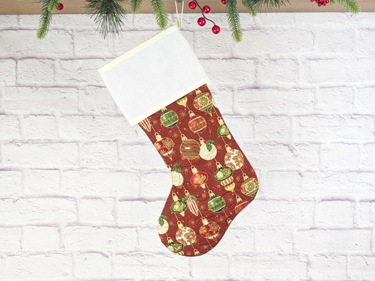 Blank Red Ornaments Christmas Stocking with Cross Stitchable Cuff - Straight Style
