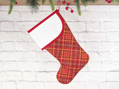 Blank Red Plaid Christmas Stocking with Cross Stitchable Cuff - Curved Style