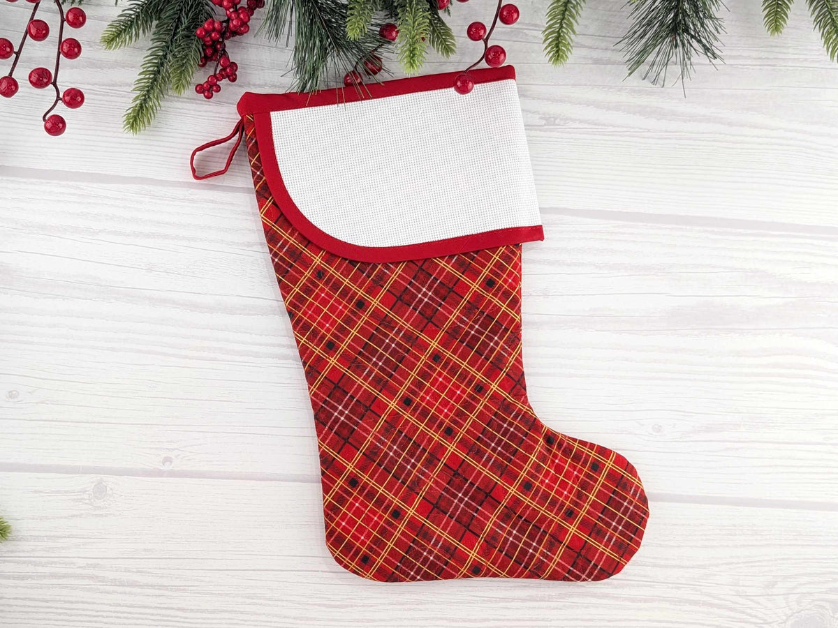 Blank Red Plaid Christmas Stocking with Cross Stitchable Cuff - Curved Style