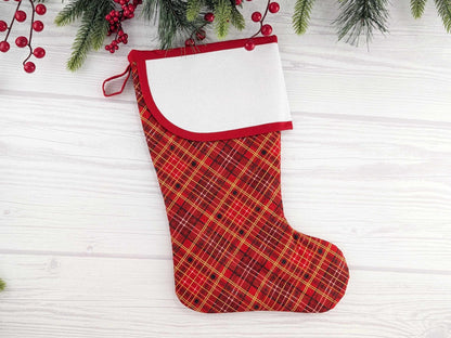 Blank Red Plaid Christmas Stocking with Cross Stitchable Cuff - Curved Style