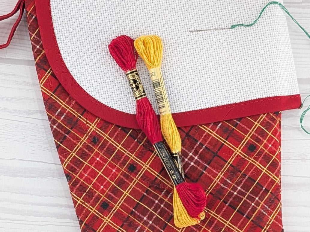 Blank Red Plaid Christmas Stocking with Cross Stitchable Cuff - Curved Style