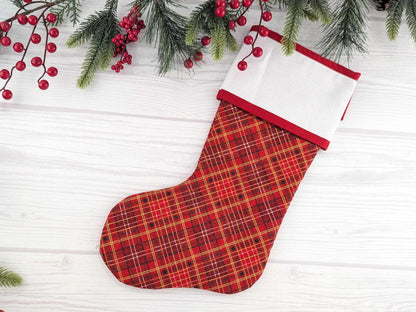 Blank Red Plaid Christmas Stocking with Cross Stitchable Cuff - Straight Style