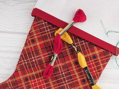 Blank Red Plaid Christmas Stocking with Cross Stitchable Cuff - Straight Style