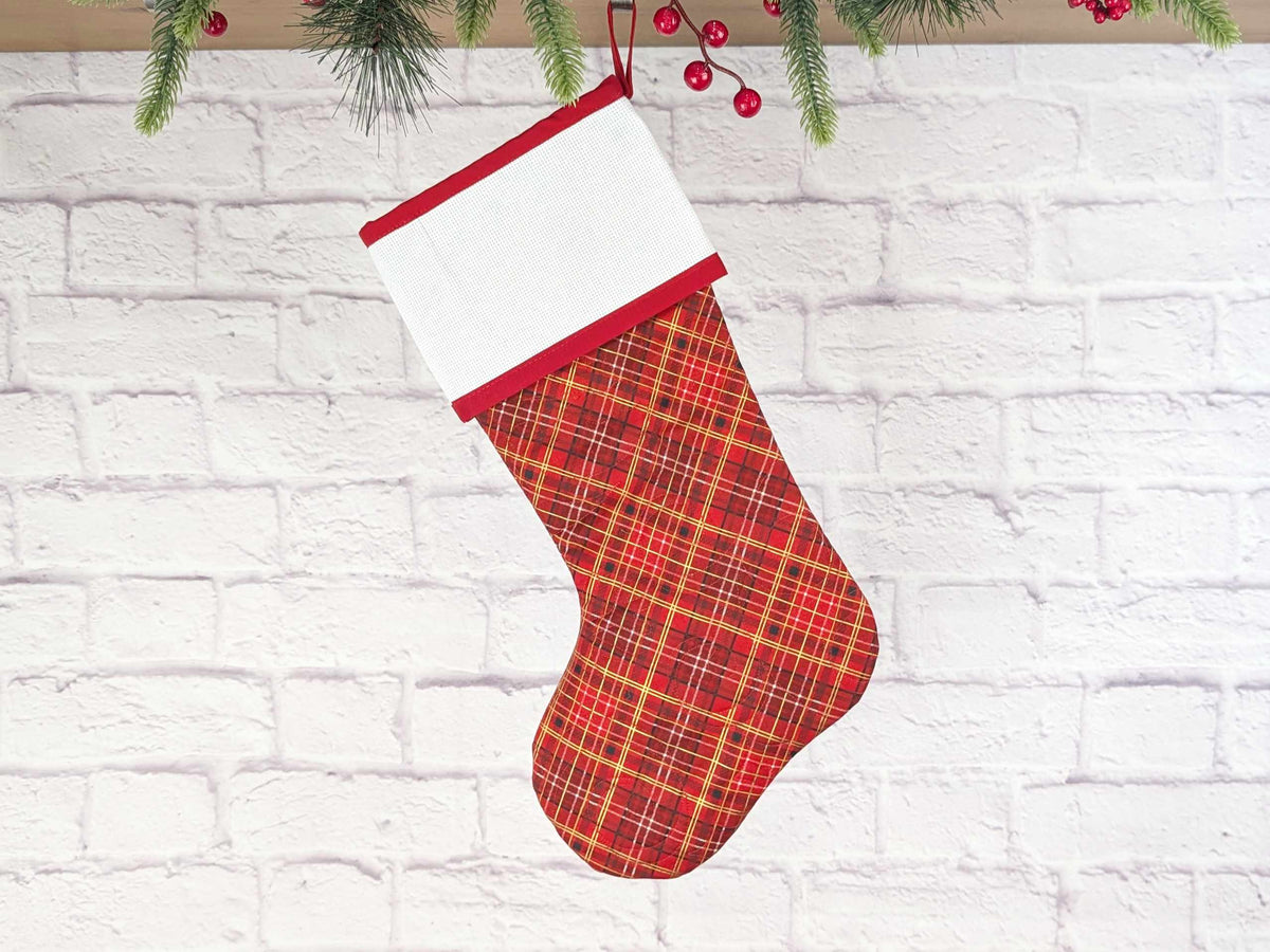 Blank Red Plaid Christmas Stocking with Cross Stitchable Cuff - Straight Style
