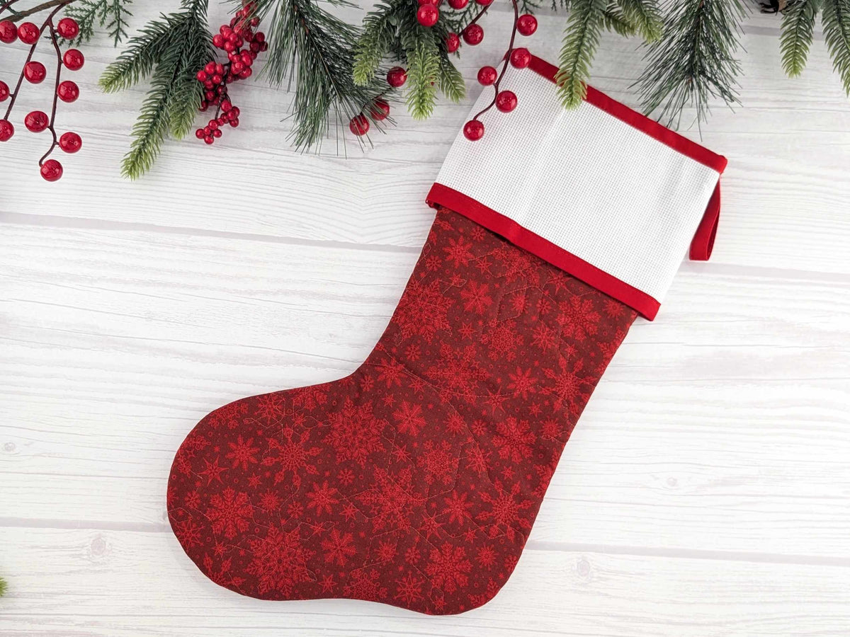 Blank Red Snowflakes Christmas Stocking with Cross Stitchable Cuff - Straight Style