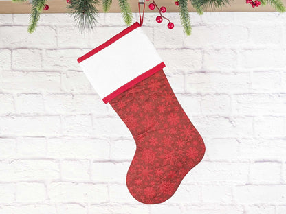 Blank Red Snowflakes Christmas Stocking with Cross Stitchable Cuff - Straight Style