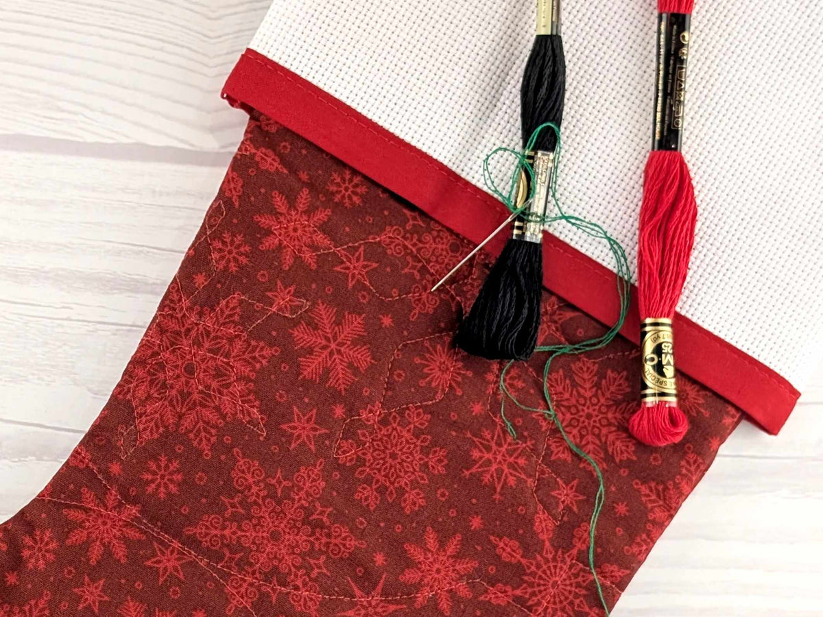 Blank Red Snowflakes Christmas Stocking with Cross Stitchable Cuff - Straight Style