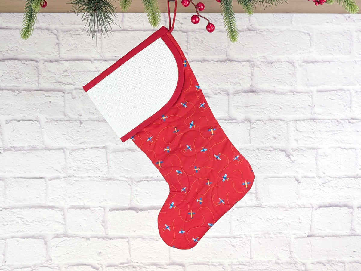 Blank Red airplanes Christmas Stocking with Cross Stitchable Cuff - Curved Style