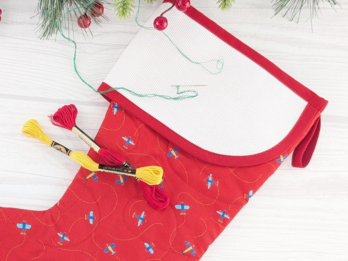 Blank Red airplanes Christmas Stocking with Cross Stitchable Cuff - Curved Style