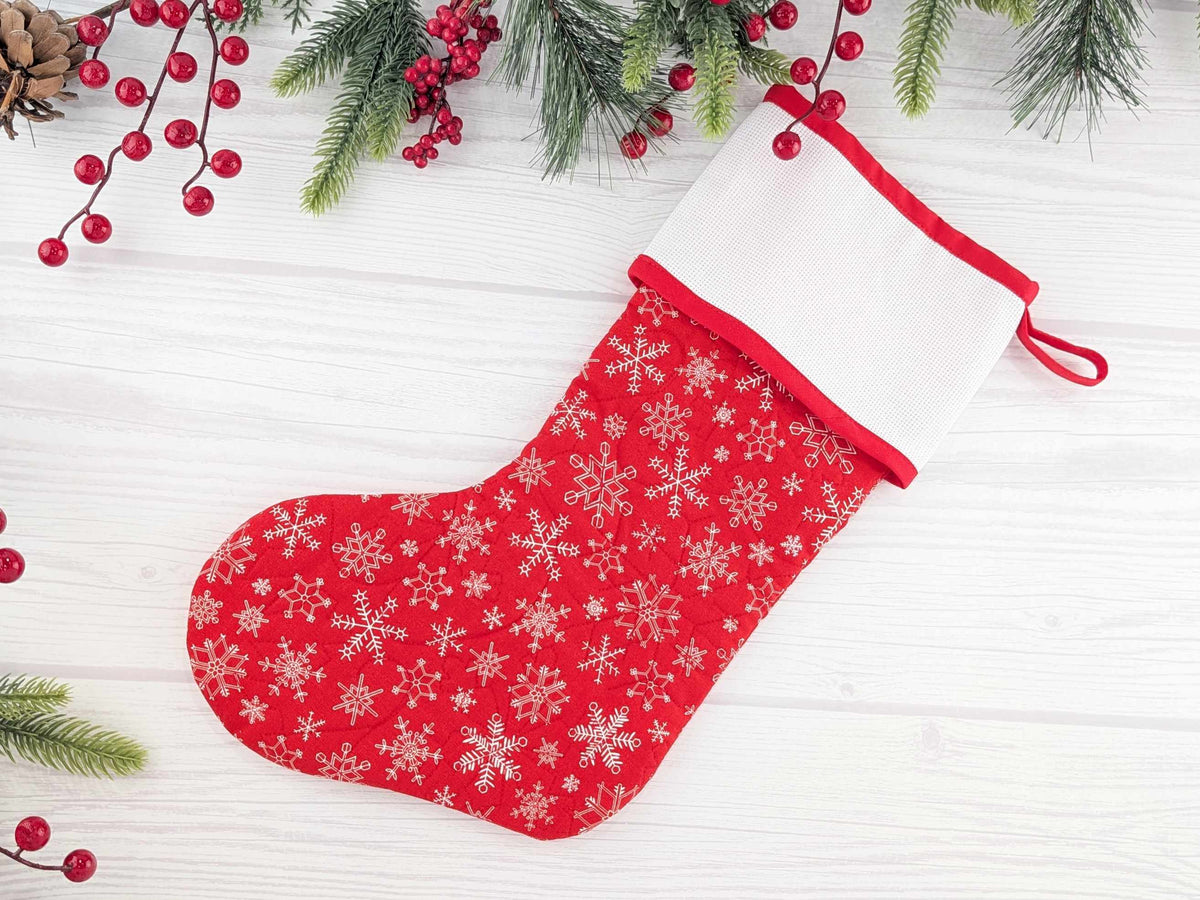 Blank Red Snowflakes Christmas Stocking with Cross Stitchable Cuff - Straight Style
