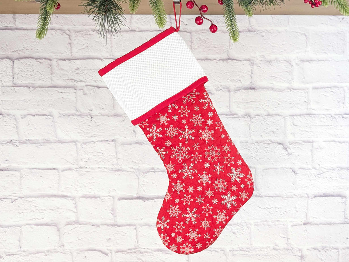 Blank Red Snowflakes Christmas Stocking with Cross Stitchable Cuff - Straight Style