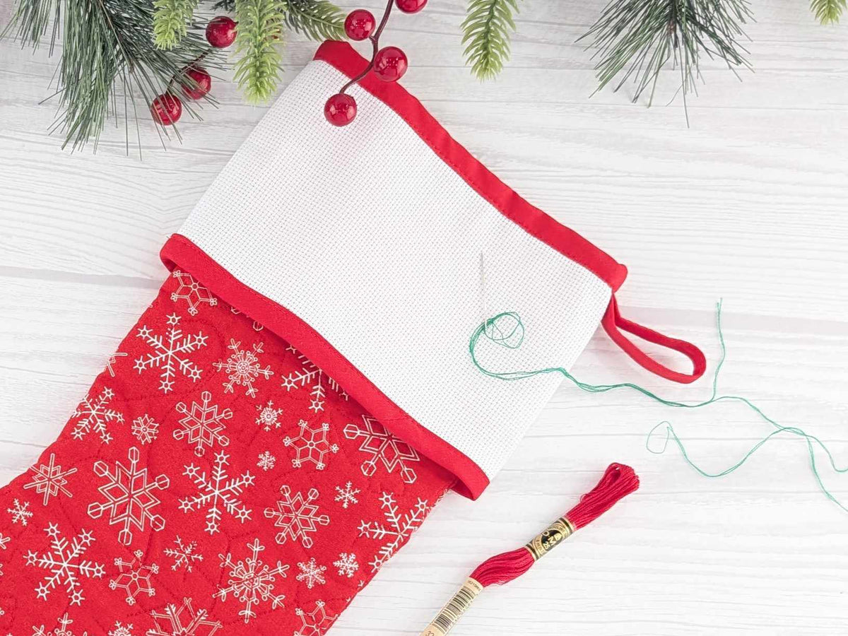 Blank Red Snowflakes Christmas Stocking with Cross Stitchable Cuff - Straight Style