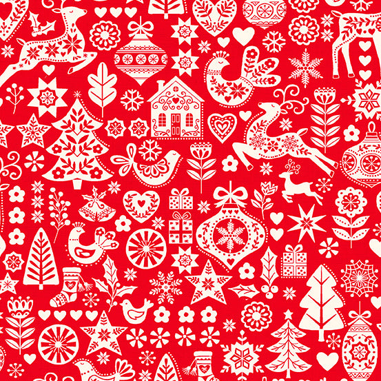 Christmas Stocking with Blank Cross Stitchable Aida Cuff | Quilted and Fully Lined - Makower Scandi 23 Mix Red