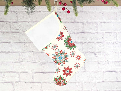 Blank Cream Scandinavian Poinsettias Christmas Stocking with Cross Stitchable Cuff - Curved Style
