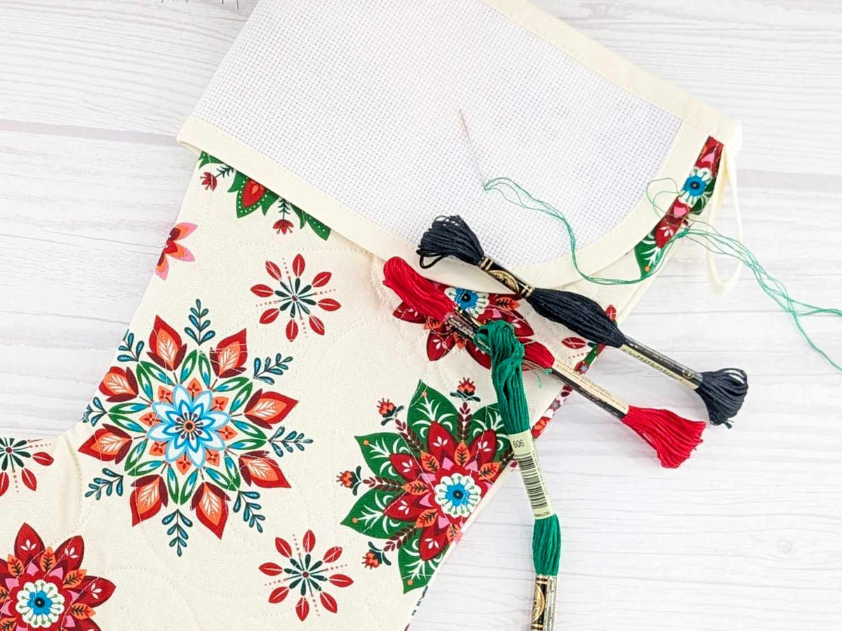Blank Cream Scandinavian Poinsettias Christmas Stocking with Cross Stitchable Cuff - Curved Style
