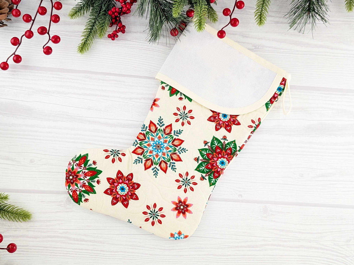 Blank Cream Scandinavian Poinsettias Christmas Stocking with Cross Stitchable Cuff - Curved Style