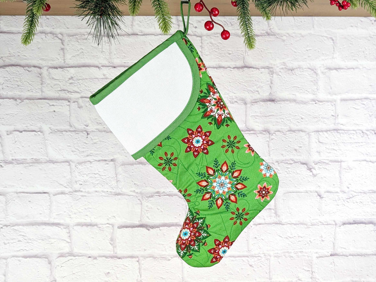 Blank Green Scandinavian Poinsettias Christmas Stocking with Cross Stitchable Cuff - Curved Style