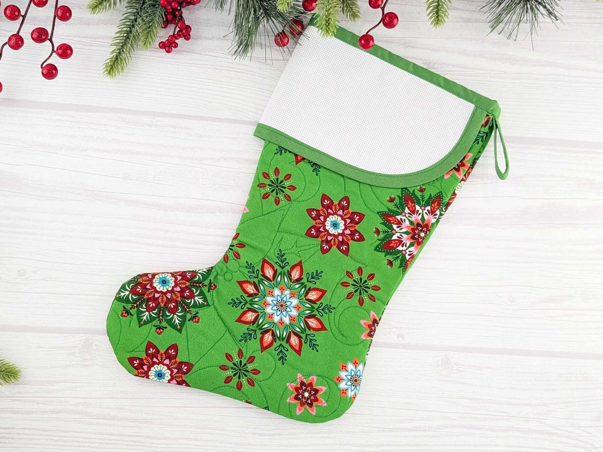 Blank Green Scandinavian Poinsettias Christmas Stocking with Cross Stitchable Cuff - Curved Style