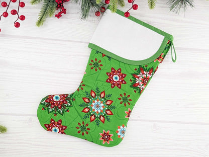 Blank Green Scandinavian Poinsettias Christmas Stocking with Cross Stitchable Cuff - Curved Style