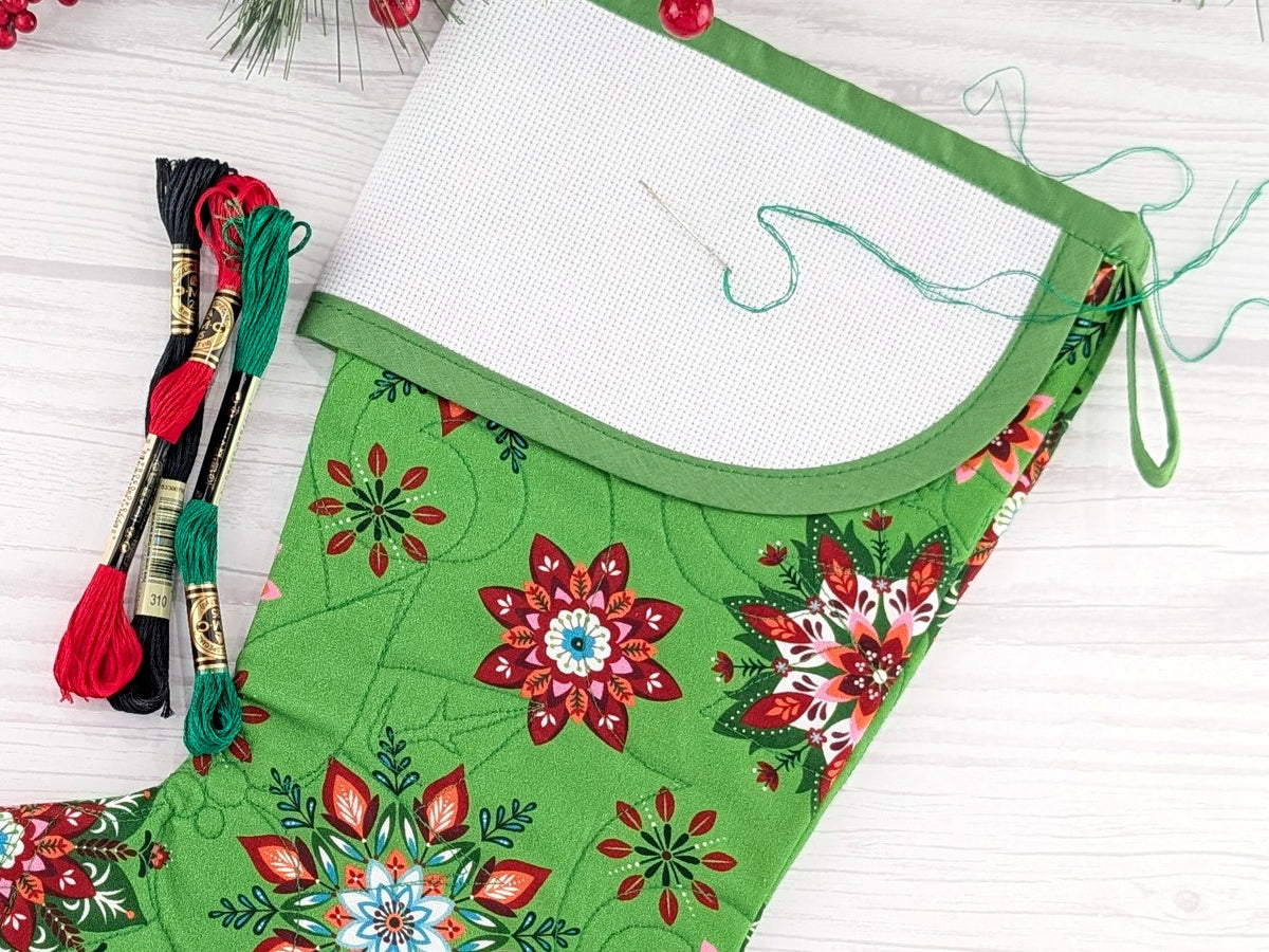 Blank Green Scandinavian Poinsettias Christmas Stocking with Cross Stitchable Cuff - Curved Style