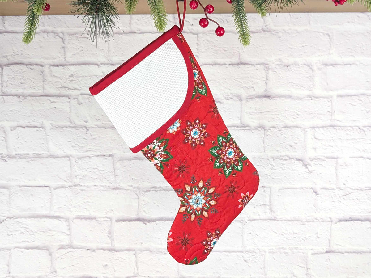Blank Red Scandinavian Poinsettias Christmas Stocking with Cross Stitchable Cuff - Curved Style