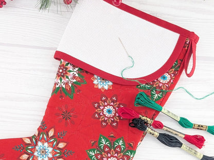 Blank Red Scandinavian Poinsettias Christmas Stocking with Cross Stitchable Cuff - Curved Style