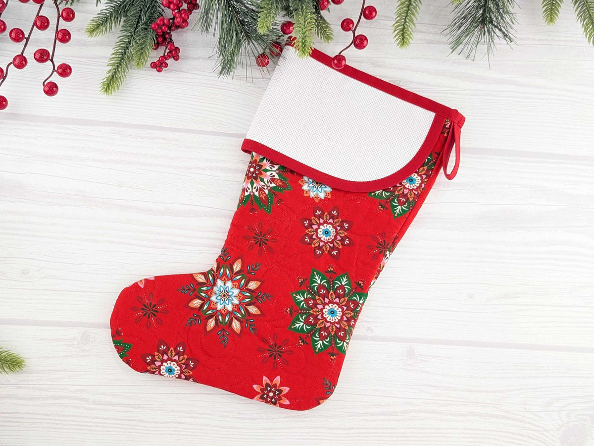 Blank Red Scandinavian Poinsettias Christmas Stocking with Cross Stitchable Cuff - Curved Style