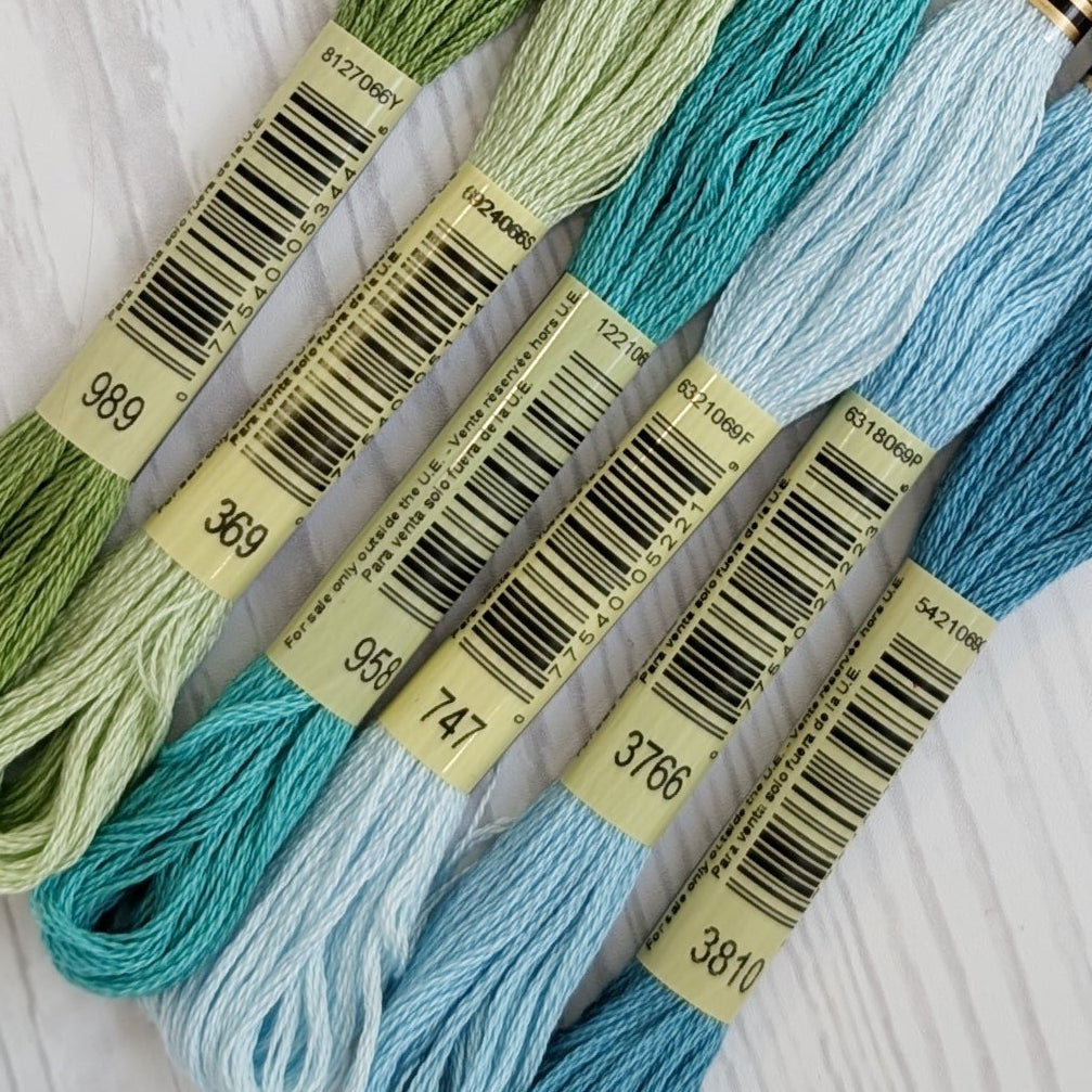 dmc embroidery floss bundle featuring blues and greens