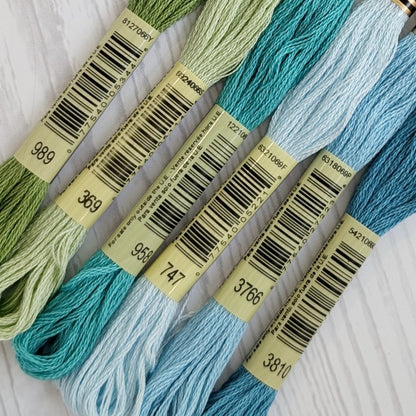 dmc embroidery floss bundle featuring blues and greens