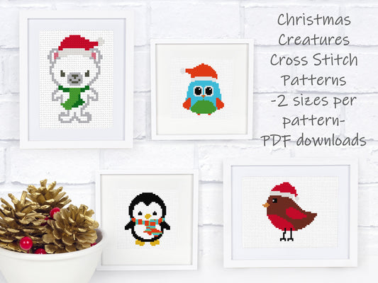 Christmas Cross Stitch Pattern Set - 2 sizes per motif | Perfect for Stocking Cuffs or Holiday Ornaments | Christmas Creatures Set