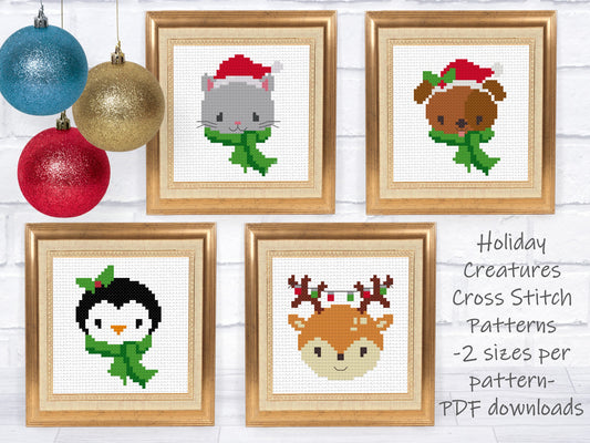 Christmas Cross Stitch Pattern Set - 2 sizes per motif | Perfect for Stocking Cuffs or Holiday Ornaments | Holiday Creatures Set 1