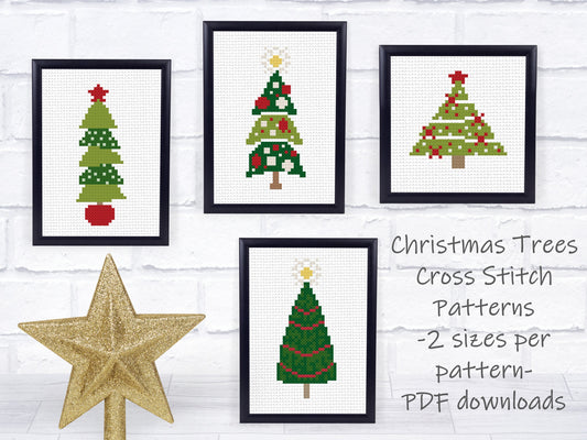 Christmas Cross Stitch Pattern Set - 2 sizes per motif | Perfect for Stocking Cuffs or Holiday Ornaments | Modern Christmas Trees Set 1