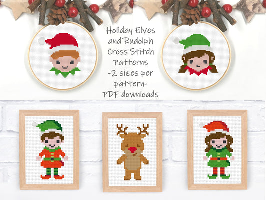 Christmas Cross Stitch Pattern Set - 2 sizes per motif | Perfect for Stocking Cuffs or Holiday Ornaments | Santa's Elves and Reindeer Set