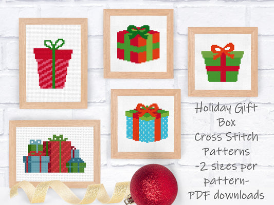 Christmas Cross Stitch Pattern Set - 2 sizes per motif | Perfect for Stocking Cuffs or Holiday Ornaments | Holiday Gift Box Set