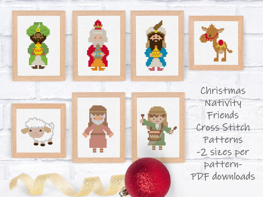 Christmas Cross Stitch Pattern Set - 2 sizes per motif | Perfect for Stocking Cuffs or Holiday Ornaments | Christmas Nativity Friends