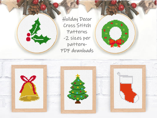 Christmas Cross Stitch Pattern Set - 2 sizes per motif | Perfect for Stocking Cuffs or Holiday Ornaments | Holiday Decor Set