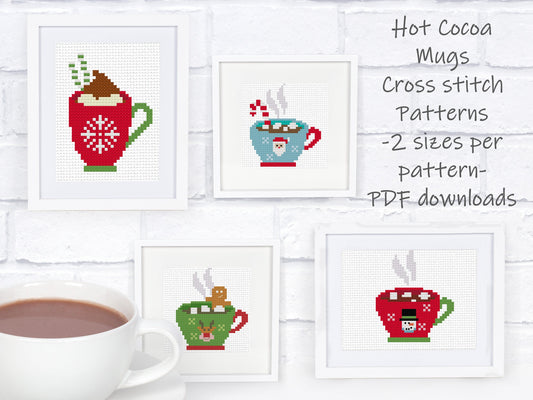 Christmas Cross Stitch Pattern Set - 2 sizes per motif | Perfect for Stocking Cuffs or Holiday Ornaments | Christmas Hot Cocoa Set