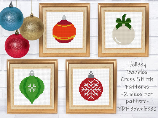 Christmas Cross Stitch Pattern Set - 2 sizes per motif | Perfect for Stocking Cuffs or Holiday Ornaments | Holiday Baubles Set