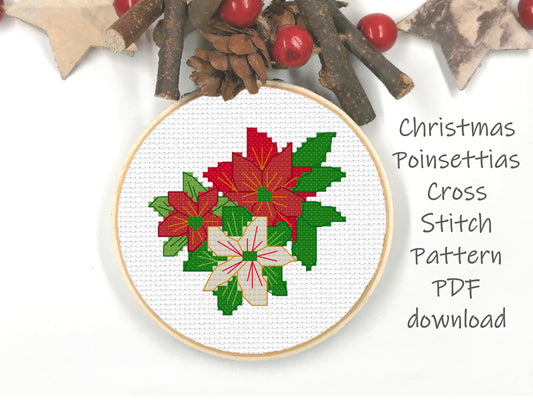 Christmas Cross Stitch Pattern | Perfect for Stocking Cuffs or Holiday Ornaments | Poinsettias Single