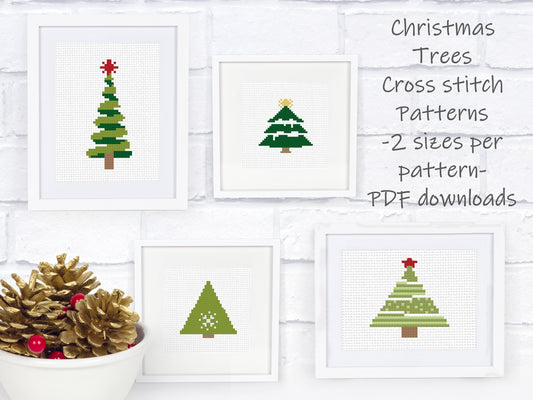 Christmas Cross Stitch Pattern Set - 2 sizes per motif | Perfect for Stocking Cuffs or Holiday Ornaments | Modern Christmas Trees Set 2