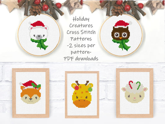 Christmas Cross Stitch Pattern Set - 2 sizes per motif | Perfect for Stocking Cuffs or Holiday Ornaments | Holiday Creatures Set 2