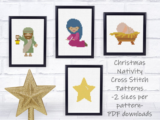 Christmas Cross Stitch Pattern Set - 2 sizes per motif | Perfect for Stocking Cuffs or Holiday Ornaments | Christmas Nativity Set